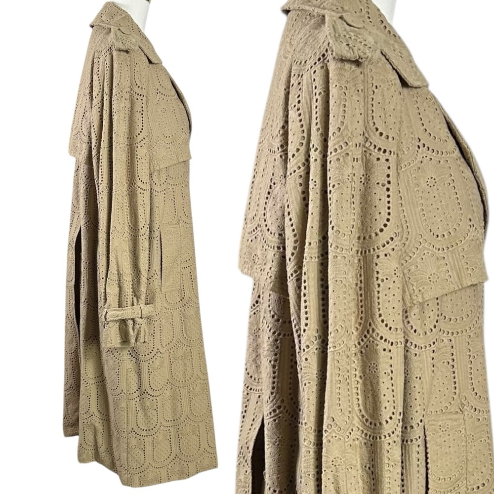 Farm Rio Khaki Pineapple Cotton Eyelet Trench Coat Size Large Neutral Bohemian - Picture 9 of 13